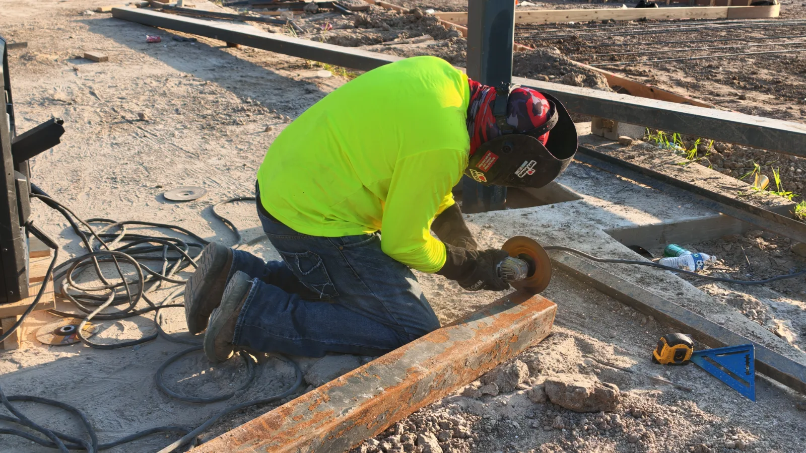 Stealth Construction crew cutting structural steel on a Houston commercial jobsite